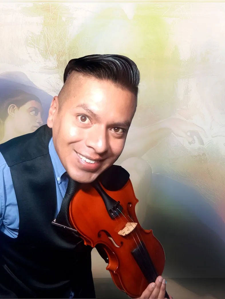 Samael Casanova, painter and violinist, holding his violin